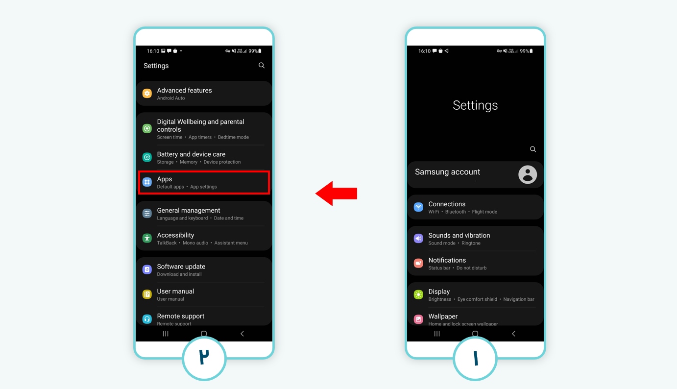 ورود به بخش تنظیمات گوشی Samsung در منوی انگلیسی برای تغییر مرورگر پیش‌فرض